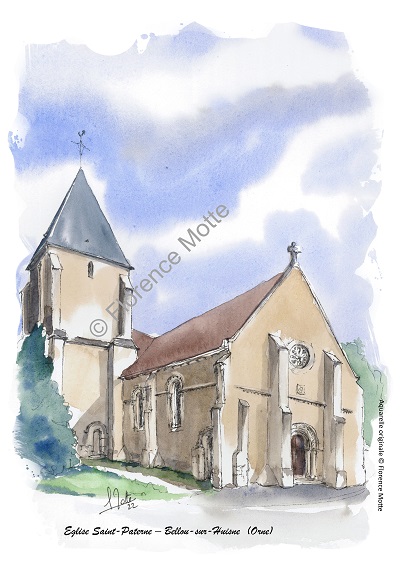 Bellou-sur-Huisne aquarelle église Orne