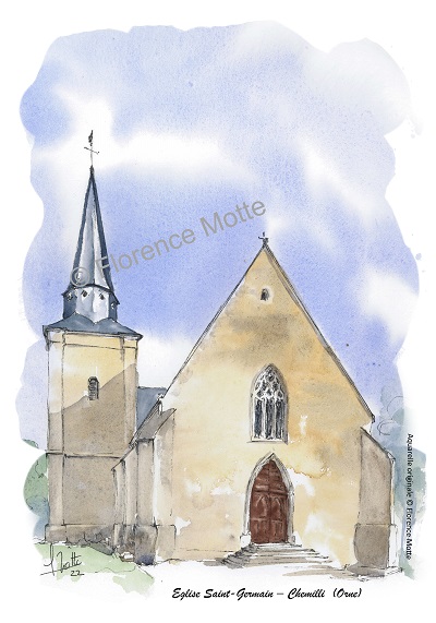 Chemili aquarelle église de l'Orne