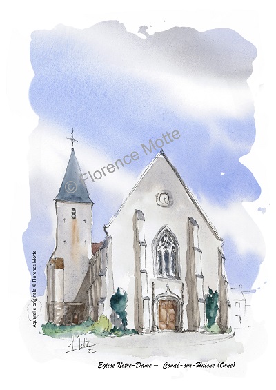 Condé sur Huisne aquarelle église Orne