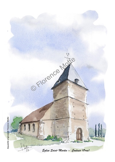 Coulmer, aquarelle église de l'Orne