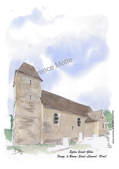 Fougy, le Bourg Saint Léonard, aquarelle église de l'Orne