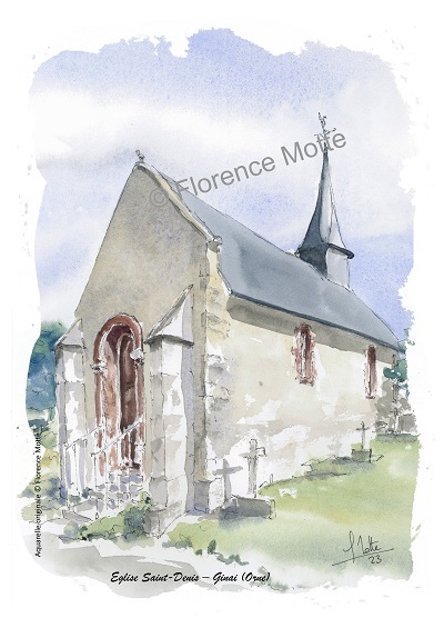 Ginai, aquarelle église de l'Orne