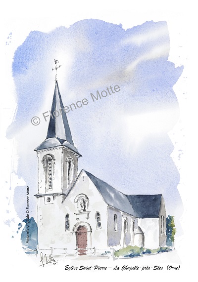 La Chapelle près Sées aquarelle église de l'Orne