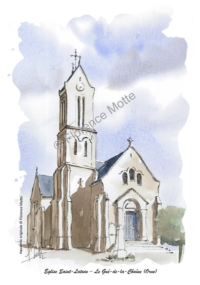 Le Gué de la Chaine aquarelle église de l'Orne