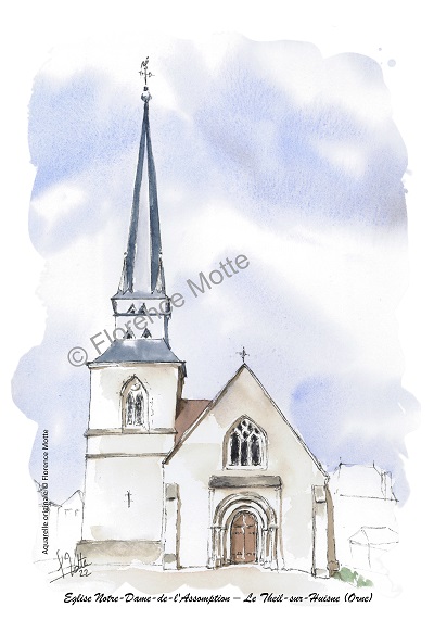 Le Theil sur Huisne aquarelle église de l'Orne