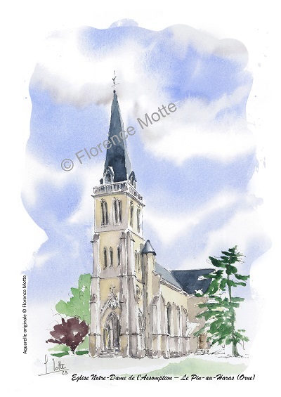 Le Pin au Haras, aquarelle église de l'Orne