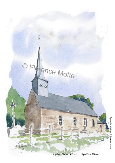 Lignières, aquarelle église de l'Orne