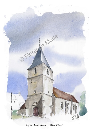 Macé aquarelle église Orne