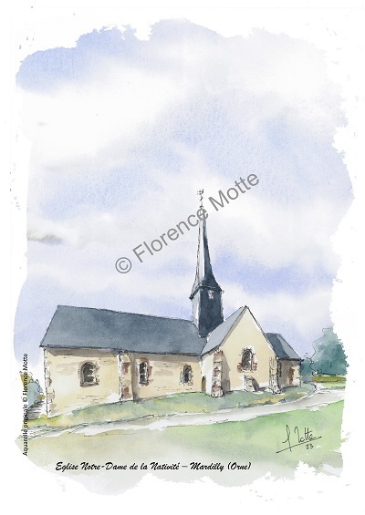 Mardilly, aquarelle église de l'Orne