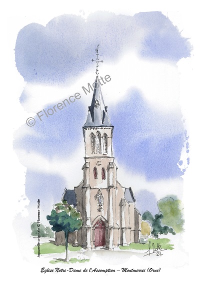 Montmerrei, aquarelle église Orne