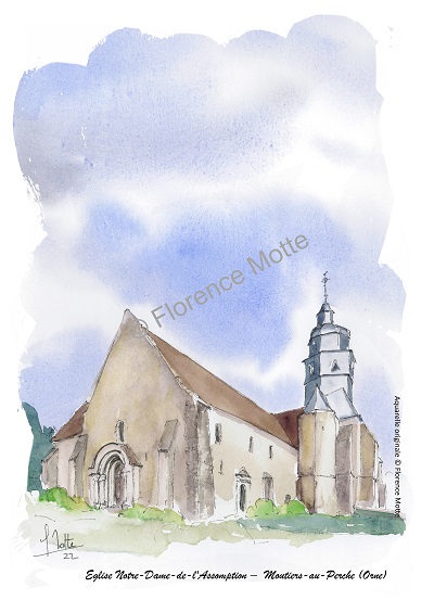 Moutiers au Perche aquarelle église Orne
