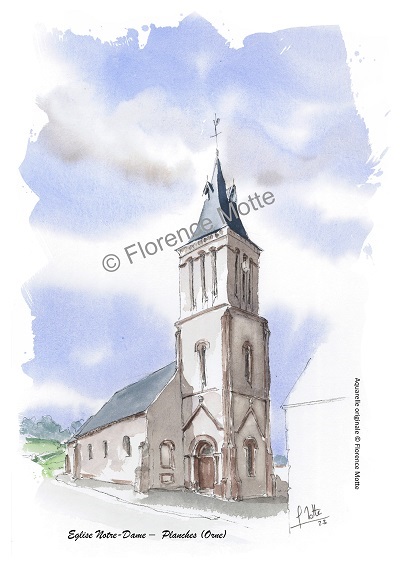 Planches, aquarelle église de l'Orne