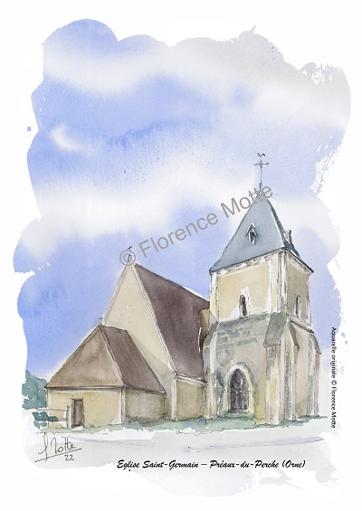 Préaux du perche aquarelle église Orne