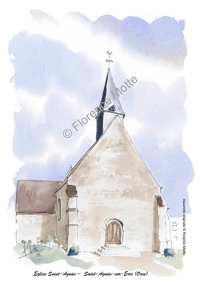 Saint-Agnan sur Erre aquarelle église de l'Orne