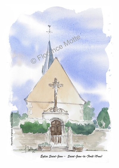 Saint Jean de la Forêt aquarelle église Orne