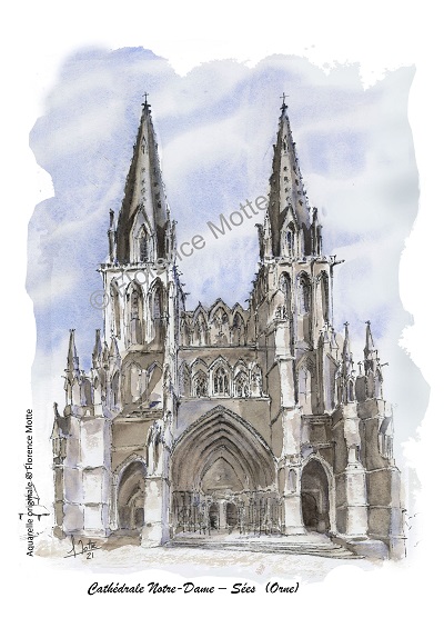 Sées, cathédrale, aquarelle église de l'Orne