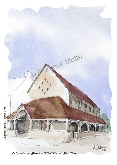 Sées, Quartier des Chanoines, aquarelle monument de l'Orne