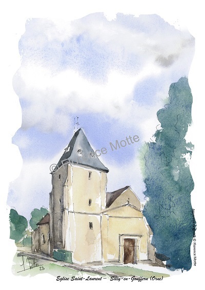 Silly en Gouffern, aquarelle église de l'Orne