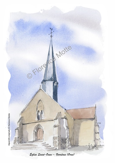 Verrières aquarelle église Orne