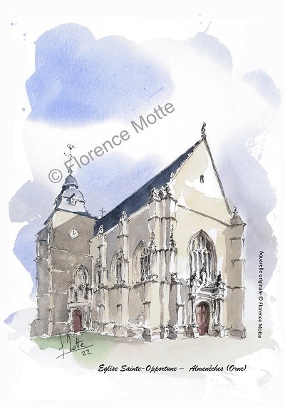 Almenêches aquarelle église de l'Orne