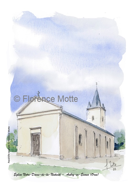 Aubry-sous-Exmes, aquarelle église de l'Orne