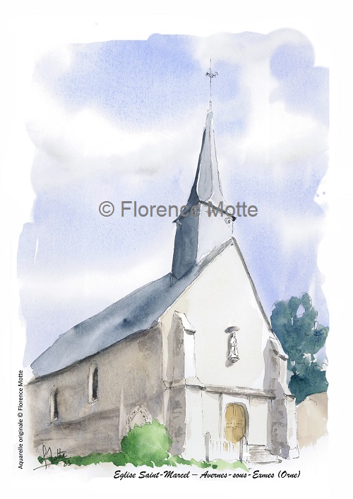Avernes sous Exmes, aquarelle église de l'Orne