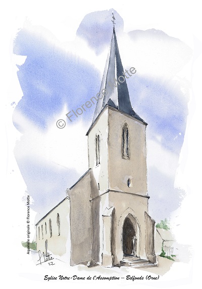 Belfonds aquarelle église de l'Orne