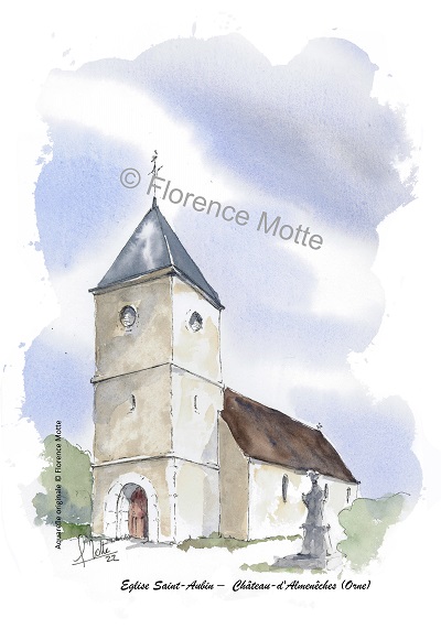 Château d'Almenèches aquarelle église de l'Orne