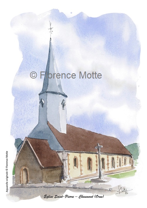 Chaumont, aquarelle église de l'Orne