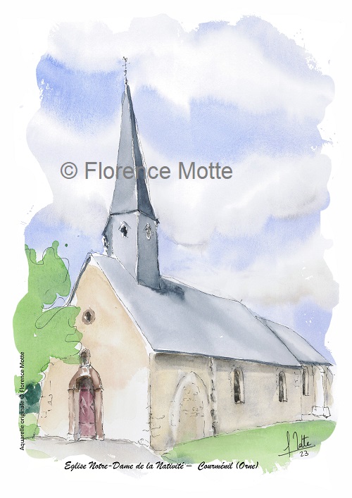 Courménil, aquarelle église de l'Orne