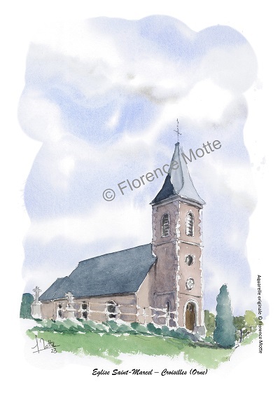 Croisilles, aquarelle église de l'Orne