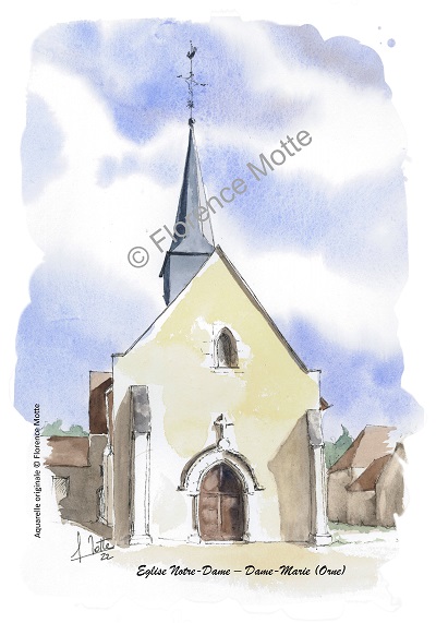 Dame-Marie aquarelle église de l'Orne