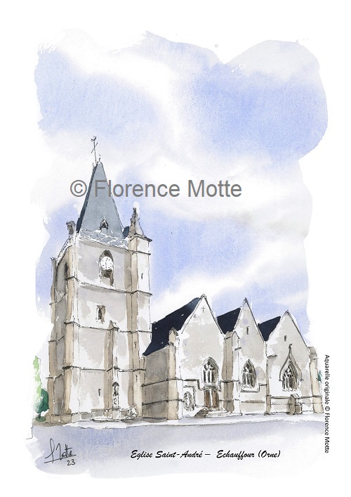 Echauffour, aquarelle église de l'Orne