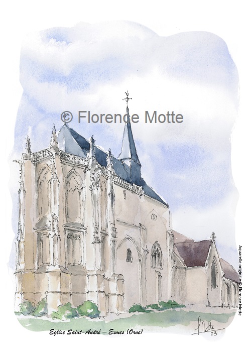 Exmes, aquarelle église de l'Orne