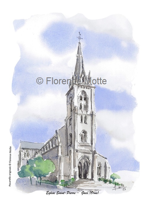 Gacé, aquarelle église de l'Orne