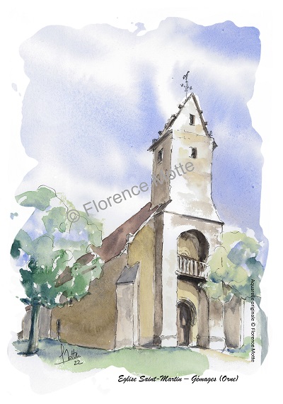 Gémages aquarelle église de l'Orne