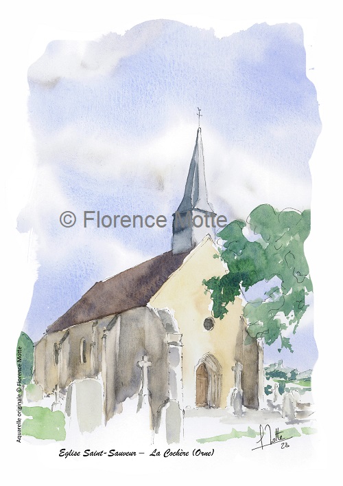 La Cochère, aquarelle église de l'Orne