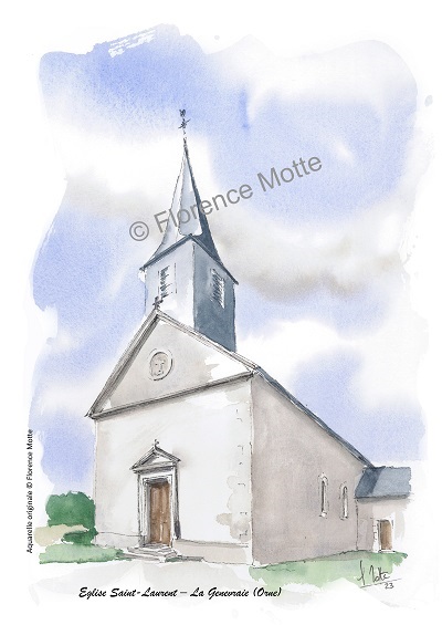 La Genevraie, aquarelle église de l'Orne