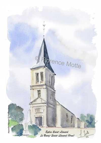 Le Bourg Saint Léonard, aquarelle église de l'Orne