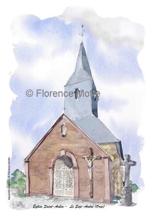 Le Sap André, aquarelle église de l'Orne