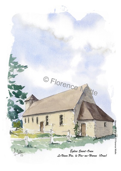 Le Vieux Pin, aquarelle église de l'Orne