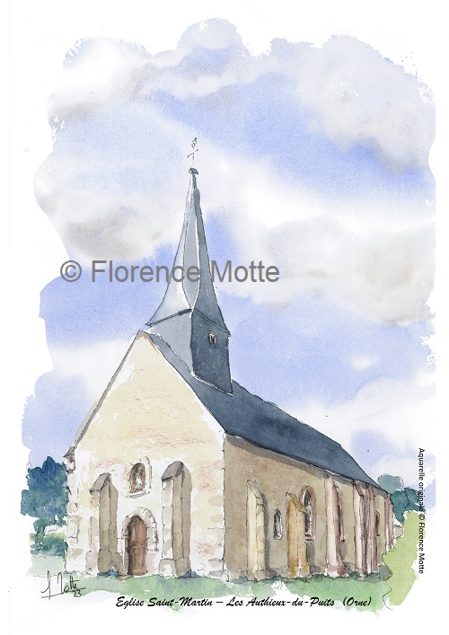 Les Authieux du Puits, aquarelle église de l'Orne
