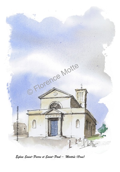 Mortrée, aquarelle église Orne