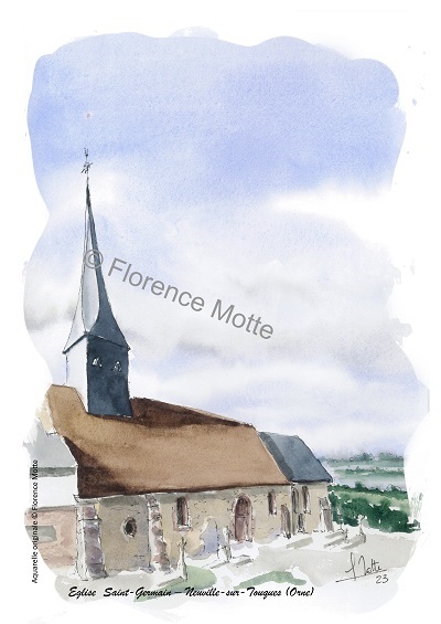 Neuville sur Touques, aquarelle église de l'Orne
