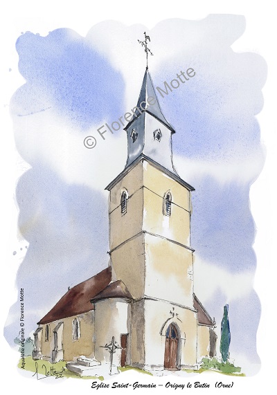 Origny le Butin aquarelle église de l'Orne