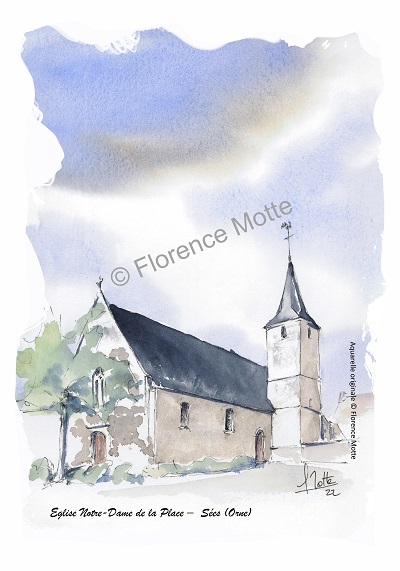 Sées, ND de la Place, abbaye saint-Martin aquarelle église de l'Orne