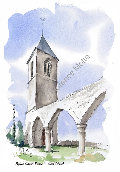 Clocher St Pierre, Sées, aquarelle monument Orne