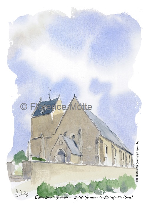 St Germain de Clairefeuille, aquarelle église de l'Orne