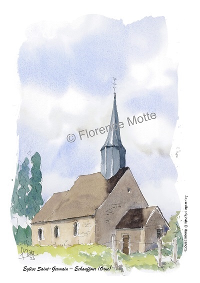 St Germain d'Echauffour, aquarelle église de l'Orne