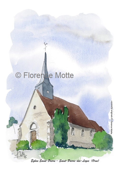 Saint Pierre des Loges, aquarelle église de l'Orne